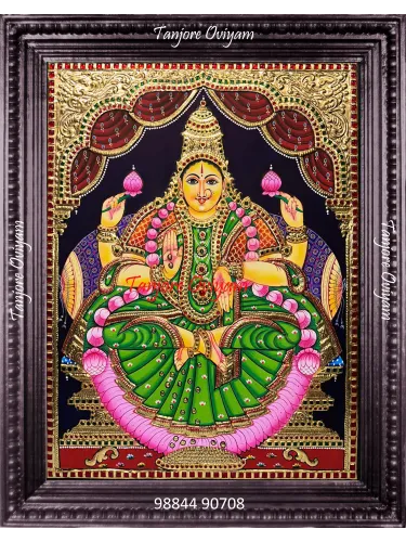 Mahalakshmi Tanjore painting seated on lotus gold foil traditional Lakshmi artwork